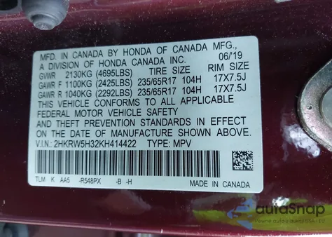 2019 Honda Cr-V Lx z USA, uszkodzony, nr VIN 2HKRW5H32KH414422